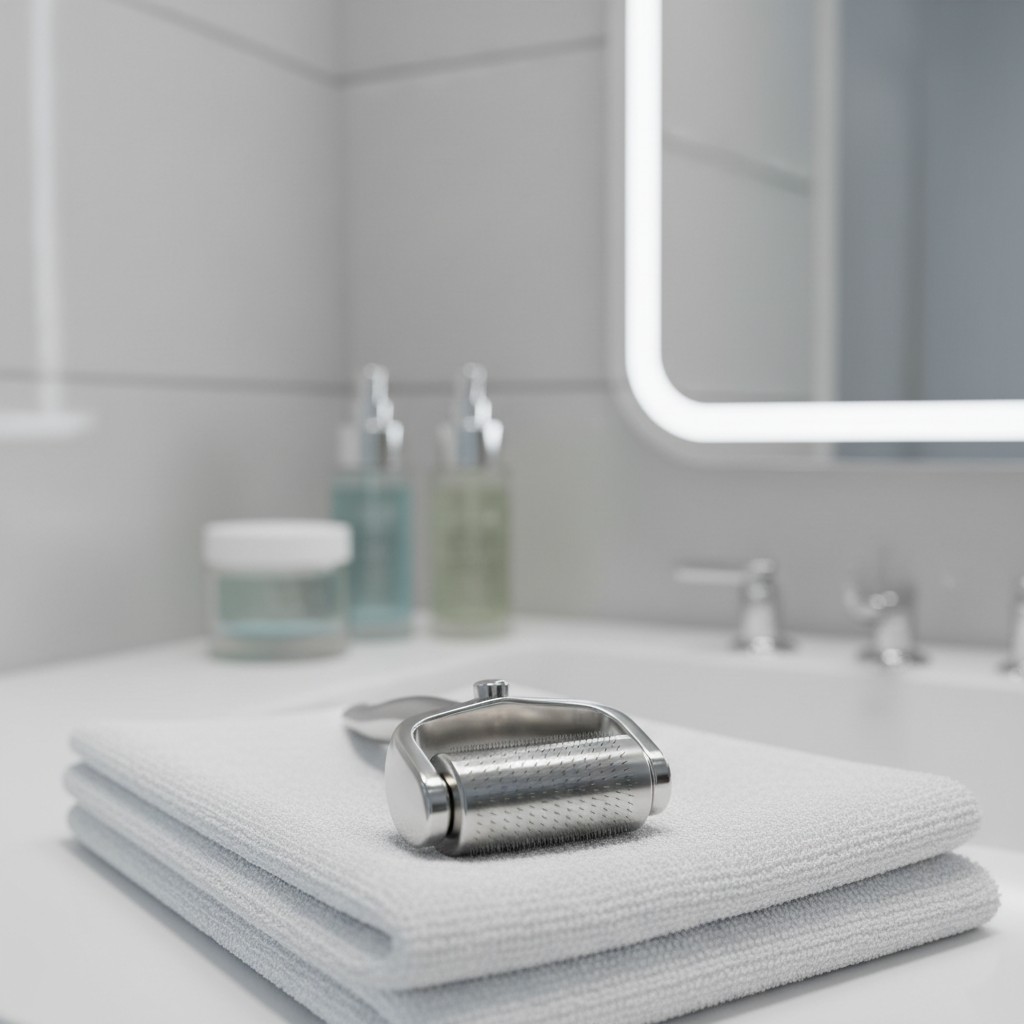 A close-up shot of a metal razor on a clean white towel.