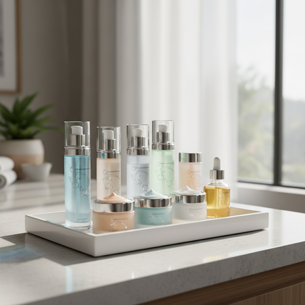Here is the alt text for the image: Skincare products on a tray on a bathroom counter, bright carton room with natural lig...