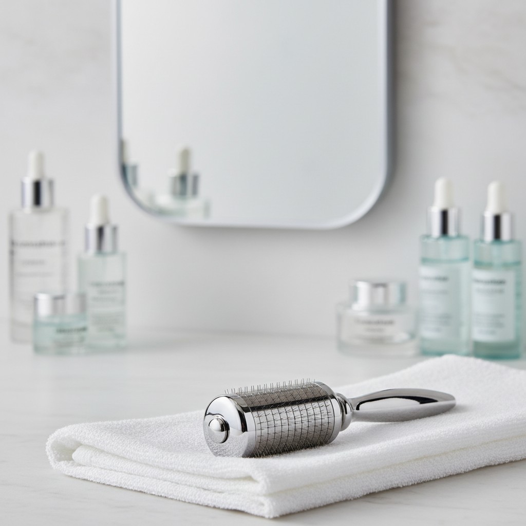 This image features a silver derma roller, deigned to revolve its roller with hair-like spikes, sitting on a folded white ...