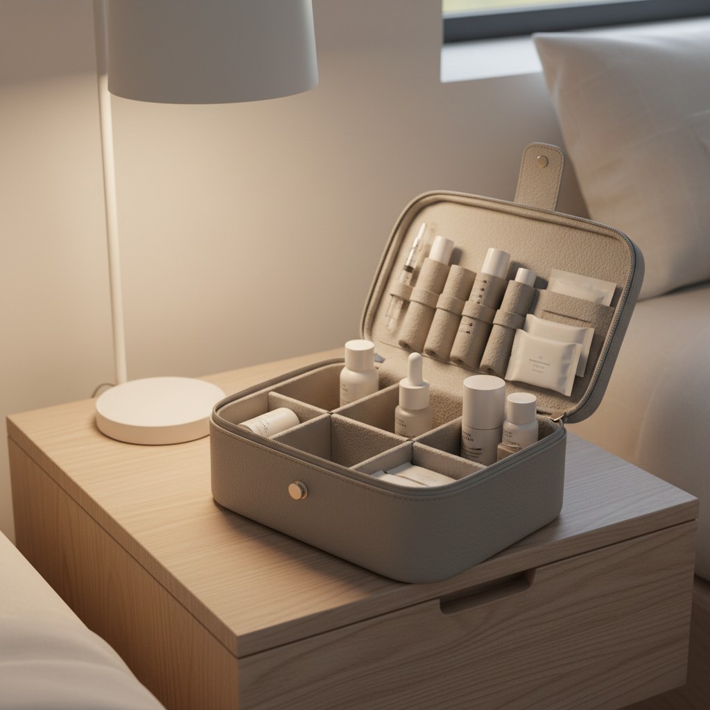 A leather cosmetic box with the lid open, showcasing an assortment of skincare products and tools, placed on a light wood ...